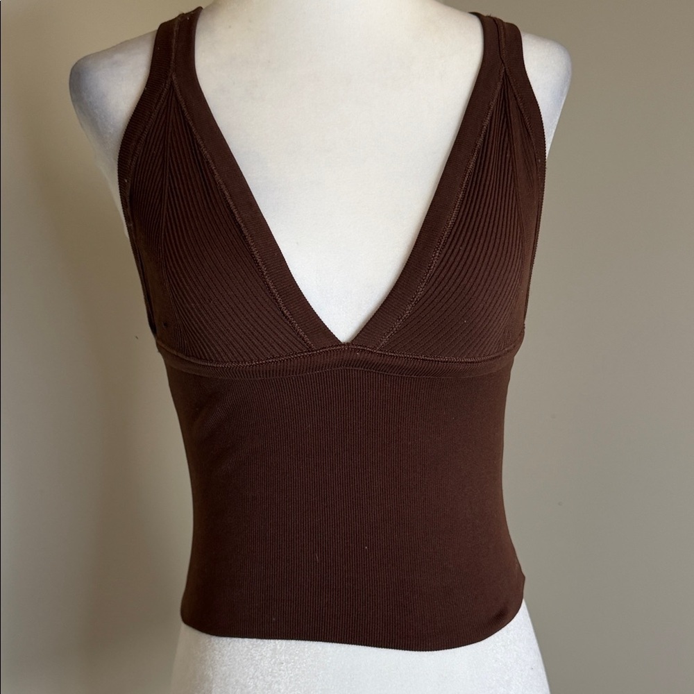 Brown Ribbed V-Neck Crop Tank Top size XS